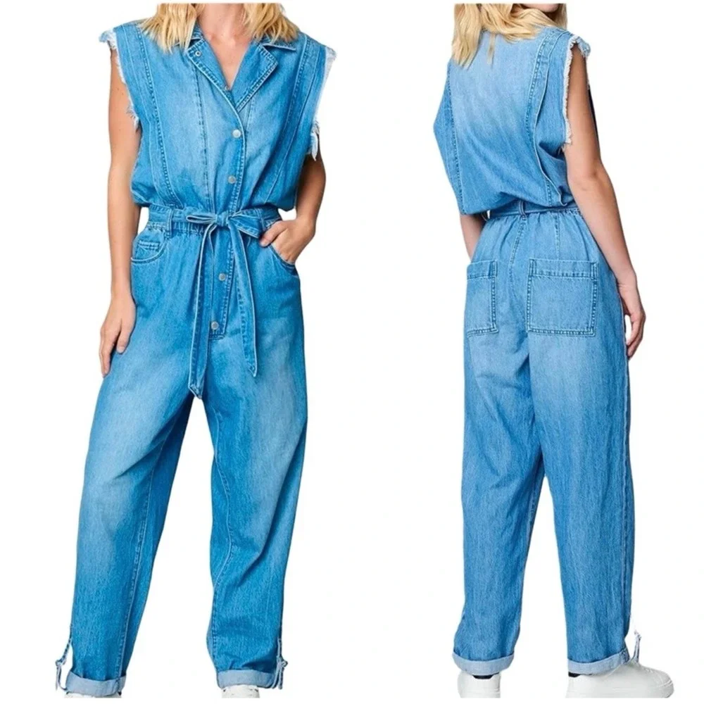 BLANKNYC Womens Blue Denim Sleeveless Boiler‎ Suit Jumpsuit Tie Waist Medium